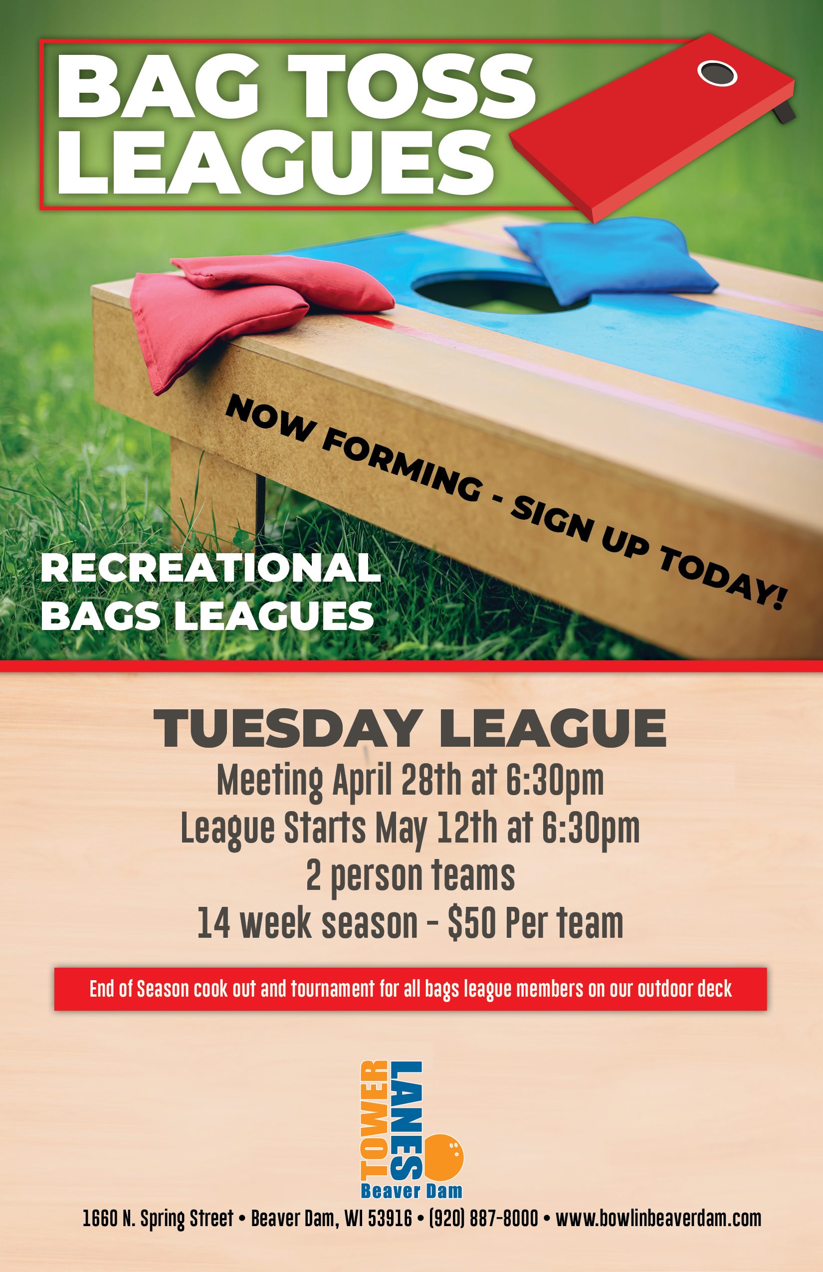 Bean Bag Toss Leagues Now Forming. Tuesday League. Meeting April 28th at 6:30pm and league starts May 12th at 6:30pm. 2 person teams.