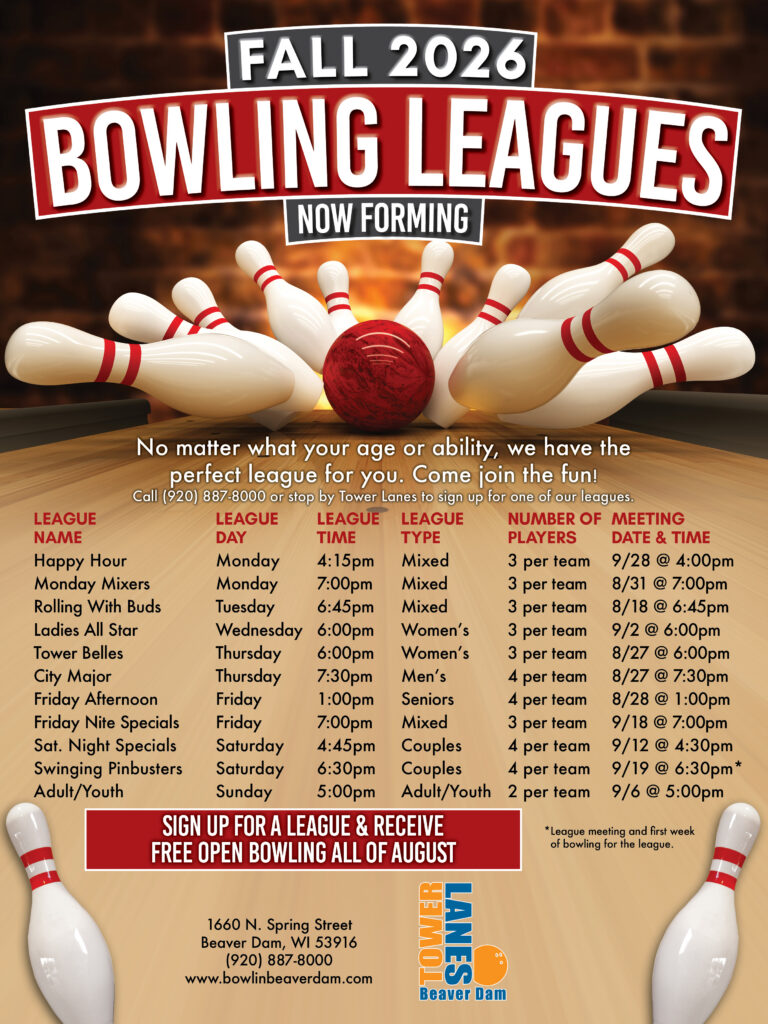 Fall 2026 Bowling Leagues Now Forming at Tower Lanes.  No matter what your age or ability, we have the perfect league for you.  Come join the fun!